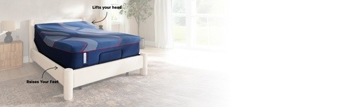 Posturepedic Elite mattress in a styled room with a white background and head and foot raise callouts