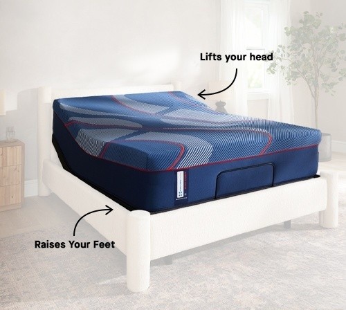 Posturepedic Elite mattress in a styled room with a white background and head and foot raise callouts - mobile