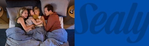 Family laying on mattress together with a Sealy word logo