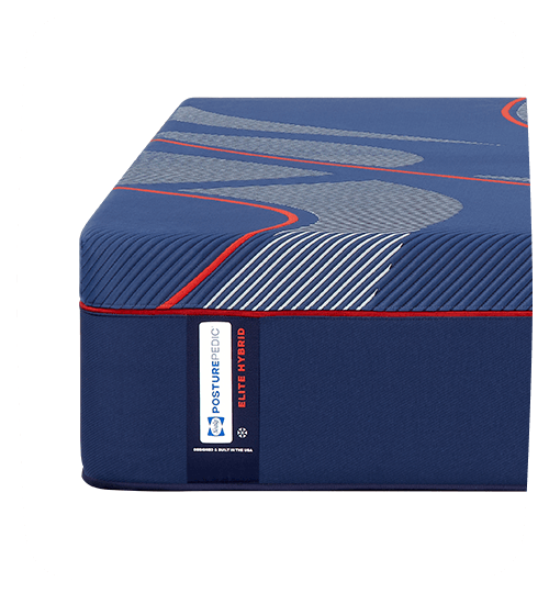 Posturepedic Elite Hybrid corner view showing label with rounded corners