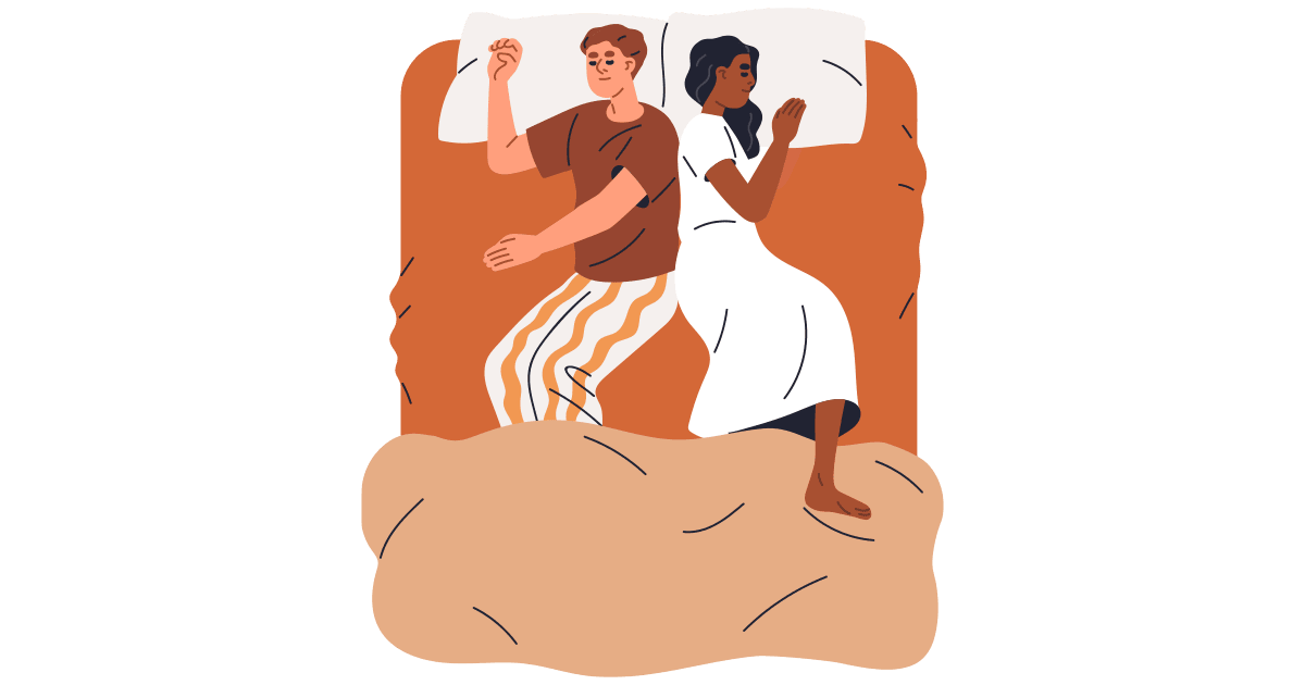 animate image of man and woman laying back to back asleep in bed