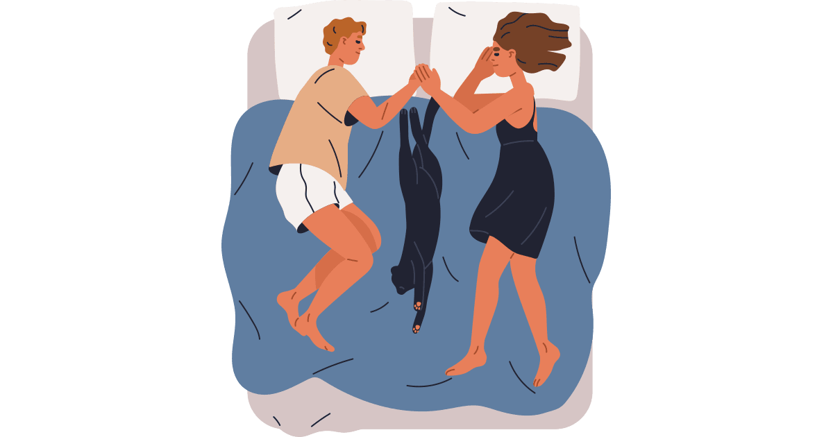 animated image of couple asleep in bed facing each other holding hands with their pet cat asleep between them