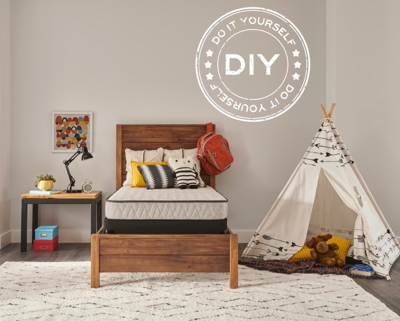 kids room with Teepee in the corner and a DIY logo over the front of the image