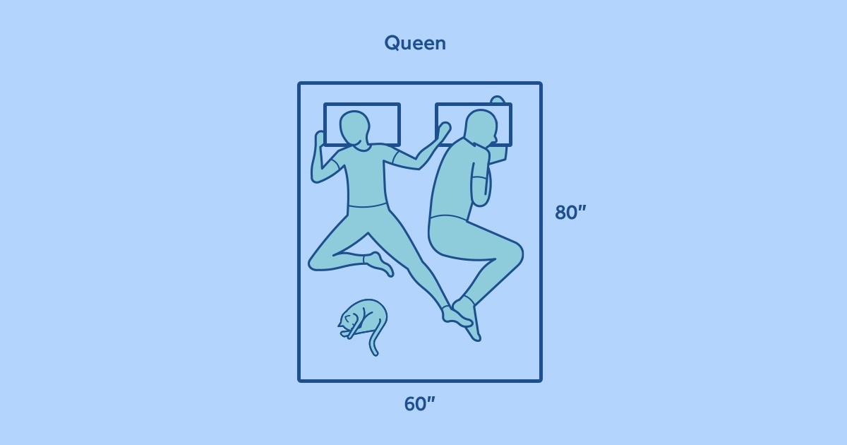 cartoon couple asleep in bed on a queen size mattress with cat at their feet