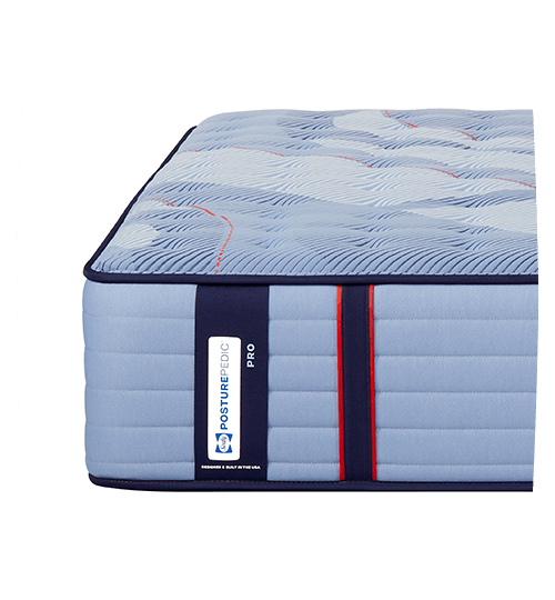 Posturepedic Pro spring mattress corner view showing label with rounded corners