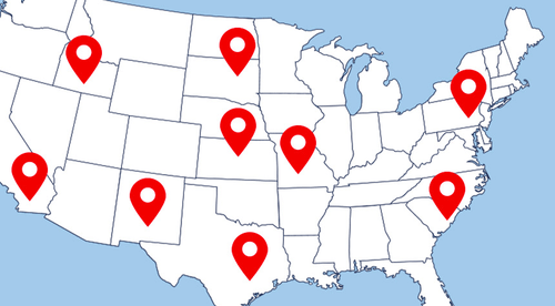 Map of the U.S. with red pins where Sealy retailers are